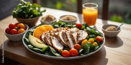 vibrant salad with fresh spinach, cherry tomatoes, sliced avocado, and grilled chicken, served with a small bowl of quinoa and a glass of fresh-squeezed orange juice