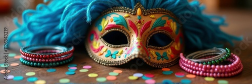 Colorful carnival mask with feathers and beaded bracelets amidst confetti photo