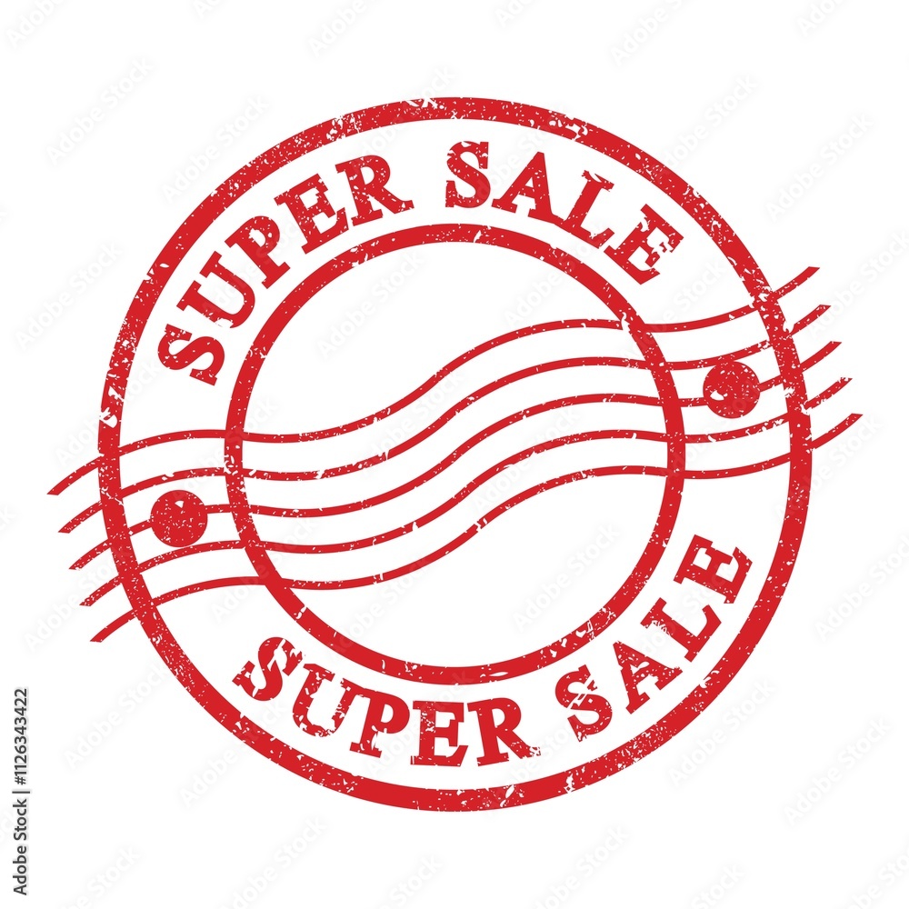 SUPER SALE, text written on red postal stamp. SUPER SALE, text written on red postal stamp.