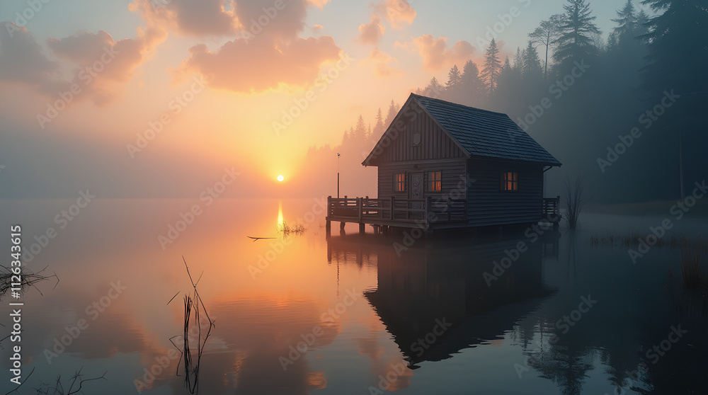 fisherman's hut on a lake with fog fisherman's hut on a lake with fog