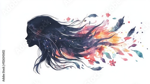 Watercolor silhouette of long hair adorned with feathers and flowers trailing delicately. 