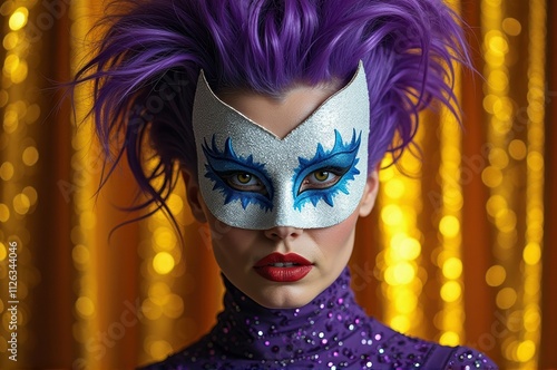 Female in purple sequin costume with silver mask and colorful makeup photo