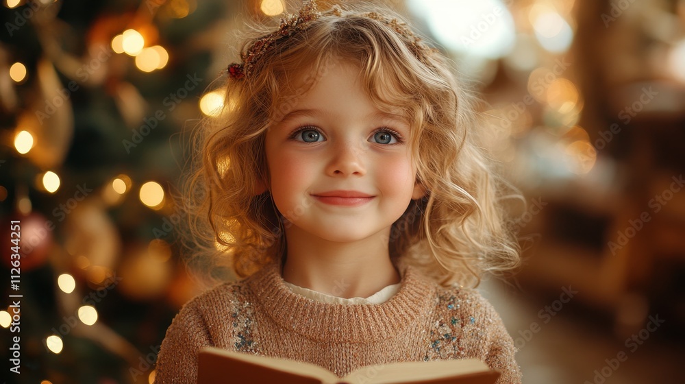 Smiling child reading a book by a beautifully decorated Christmas tree in a cozy indoor setting Smiling child reading a book by a beautifully decorated Christmas tree in a cozy indoor setting