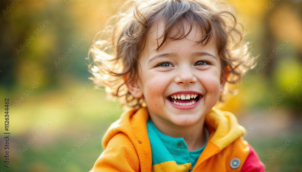 A joyful child in bright clothing, laughing outdoors with a blurred park background.
A joyful child in bright clothing, laughing outdoors with a blurred park background.