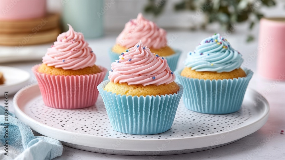 Delightful cupcakes with pastel frosting displayed on a whimsical plate during a cozy afternoon gathering Delightful cupcakes with pastel frosting displayed on a whimsical plate during a cozy afternoon gathering
