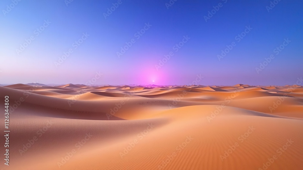 Naklejka premium Softly glowing purple light emanates from the horizon above an endless expanse of golden sand dunes, serene vistas, golden sand dunes