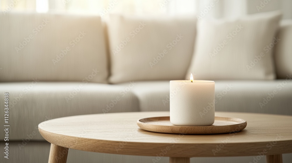 Burning candle creating cozy atmosphere in minimalist living room Burning candle creating cozy atmosphere in minimalist living room