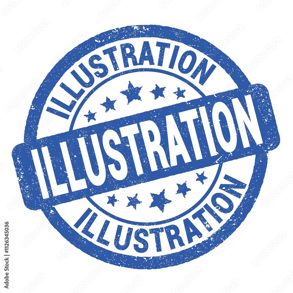 ILLUSTRATION text written on blue round stamp sign. ILLUSTRATION text written on blue round stamp sign.