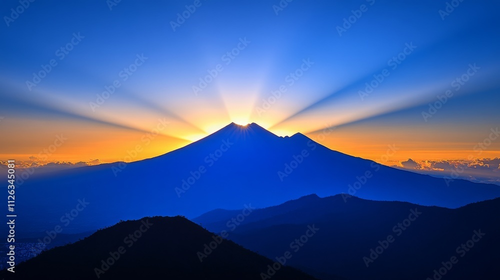 Stunning Sunrise Over Majestic Volcano Peaks with Dramatic Rays of Light Illuminating the Sky and Creating a Breathtaking Landscape Scene in Nature Stunning Sunrise Over Majestic Volcano Peaks with Dramatic Rays of Light Illuminating the Sky and Creating a Breathtaking Landscape Scene in Nature