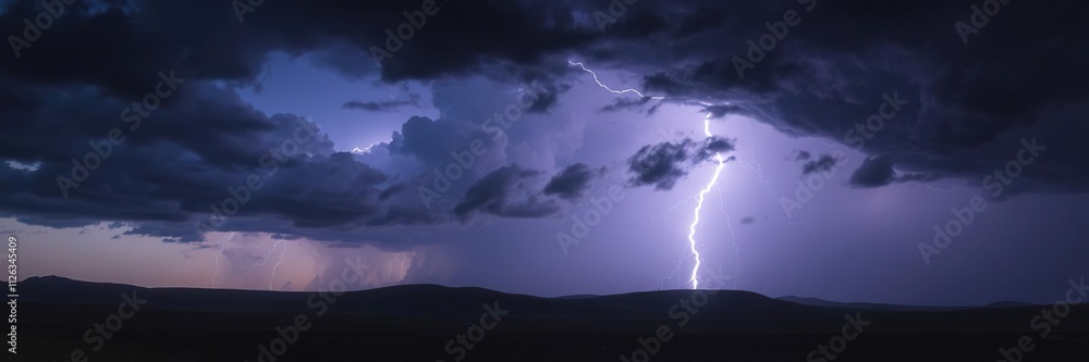 Stormy landscape with dark clouds and lightning illuminating the ground, turbulent air, rugged terrain Stormy landscape with dark clouds and lightning illuminating the ground, turbulent air, rugged terrain