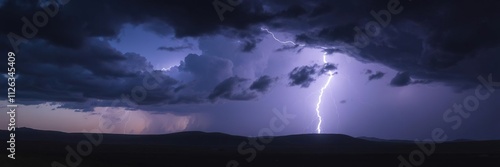 Stormy landscape with dark clouds and lightning illuminating the ground, turbulent air, rugged terrain