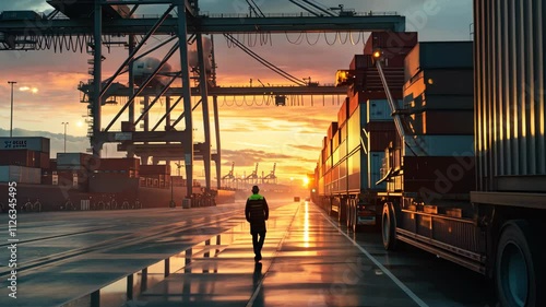 Sunset over cargo terminal as worker walks beside shipping containers in industrial port area