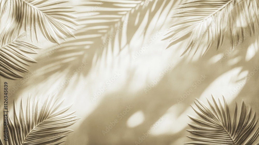 Obraz premium Beige Background with Embossed Palm Fronds and Shadowy Palm Leaf Patterns