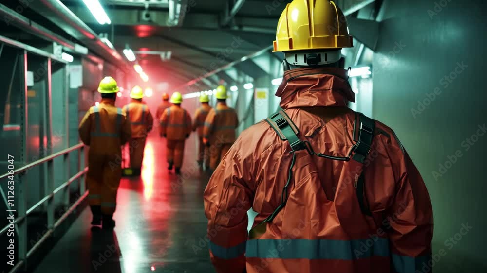 Workers in safety gear navigating a dimly lit industrial corridor during a nighttime shift Workers in safety gear navigating a dimly lit industrial corridor during a nighttime shift