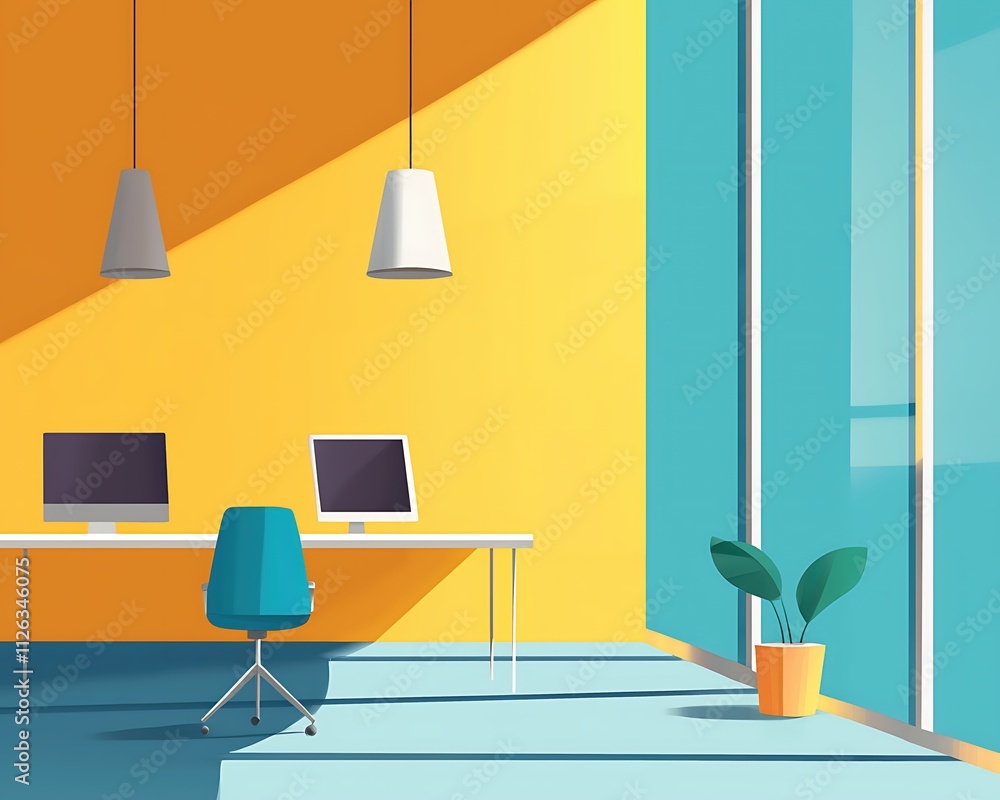 A bright yellow room with a blue chair and a potted plant A bright yellow room with a blue chair and a potted plant