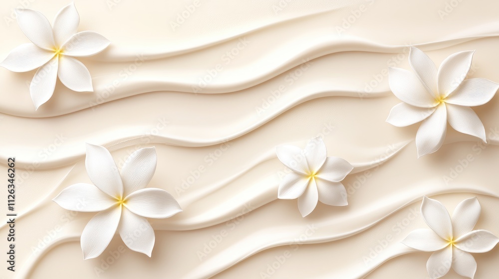 Beautiful white flowers on a soft cream background with flowing patterns Beautiful white flowers on a soft cream background with flowing patterns