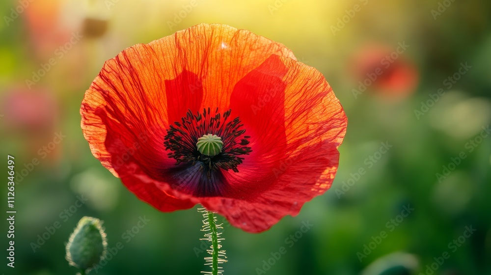 Vibrant Red Poppy Flower Blooming in Morning Light with Soft Green Background, Symbolizing Beauty and Resilience in Nature's Garden Vibrant Red Poppy Flower Blooming in Morning Light with Soft Green Background, Symbolizing Beauty and Resilience in Nature's Garden