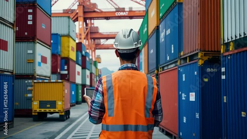 Worker monitors shipping containers in busy port with tablet during logistic operations