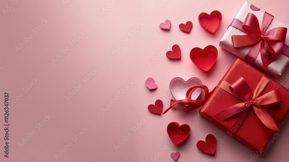 A pink background with red boxes and hearts. Concept of love and affection A pink background with red boxes and hearts. Concept of love and affection
