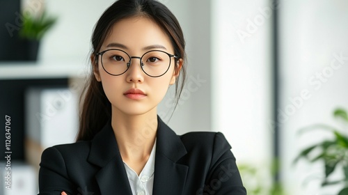 Young Asian Businesswoman Wearing Glasses in Office