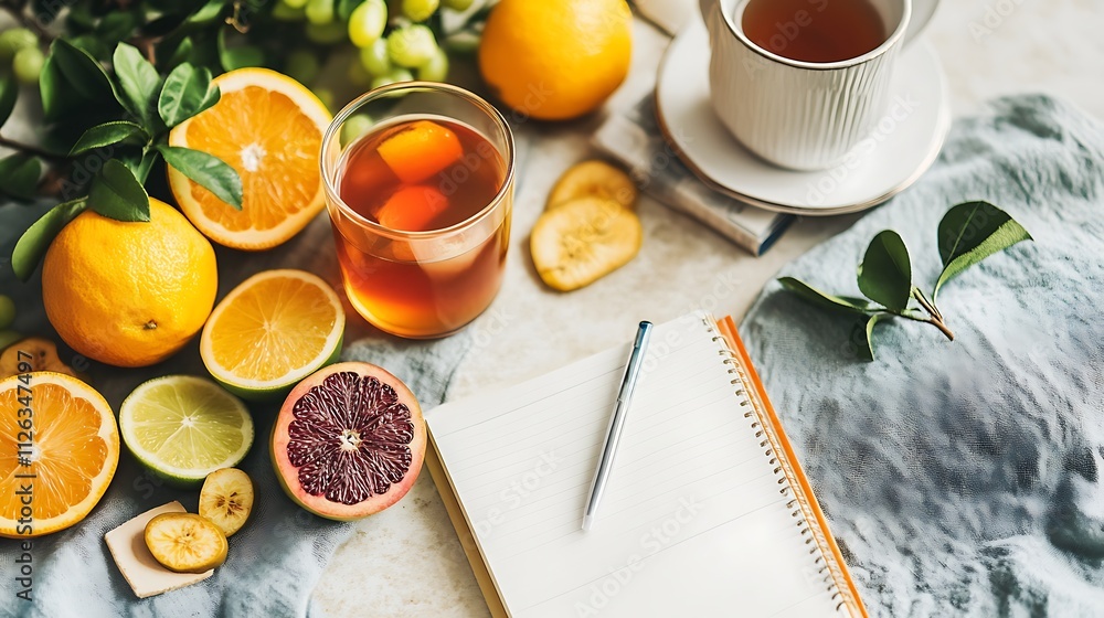 A table set with fresh fruits, herbal tea, and a journal, symbolizing mindful morning self-care A table set with fresh fruits, herbal tea, and a journal, symbolizing mindful morning self-care
