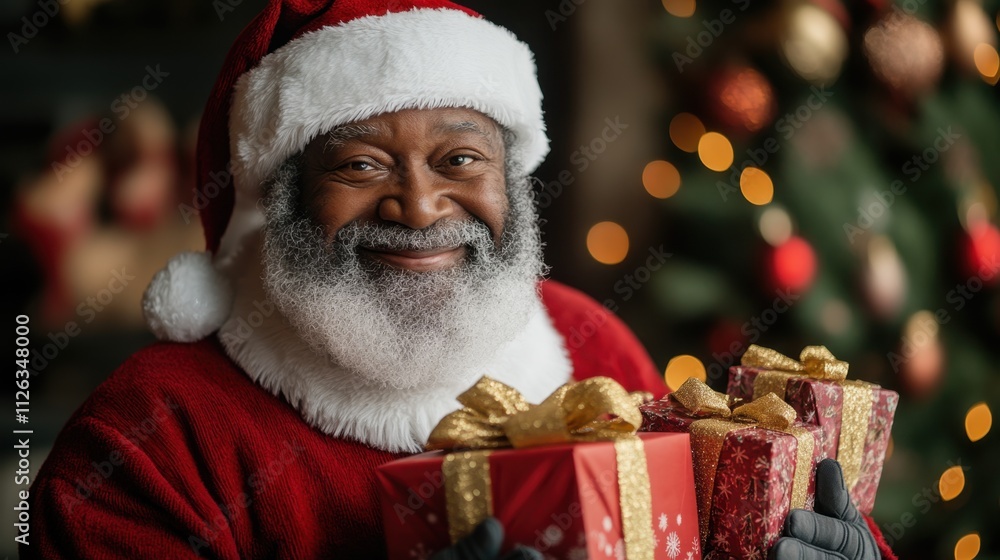 Smiling Santa Claus presents gifts in a cozy holiday setting filled with warm lights and festive decorations Smiling Santa Claus presents gifts in a cozy holiday setting filled with warm lights and festive decorations