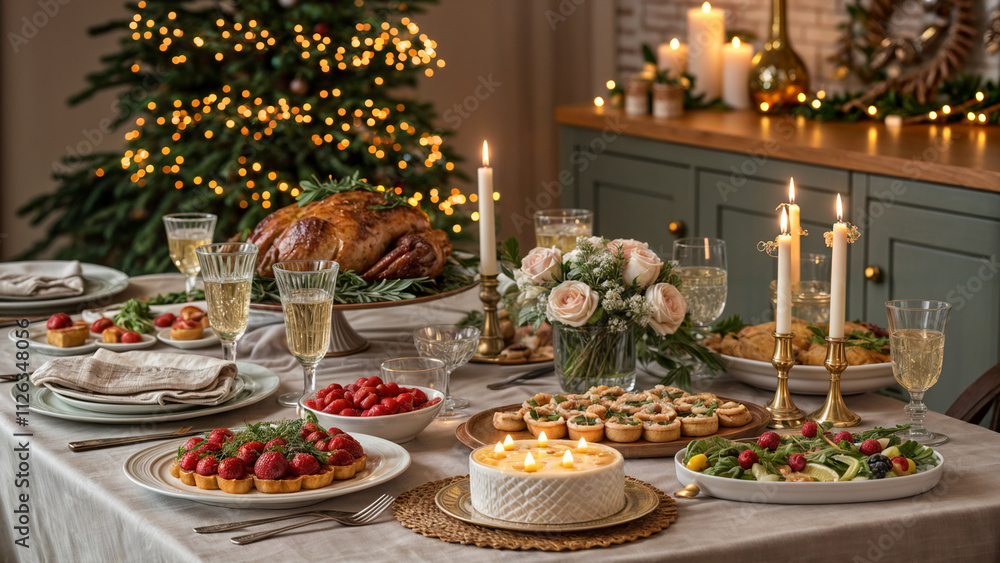 New Year's mood, fruits in a beautiful vase, night lights, New Year tree and a beautifully decorated table, high quality realistic photo New Year's mood, fruits in a beautiful vase, night lights, New Year tree and a beautifully decorated table, high quality realistic photo
