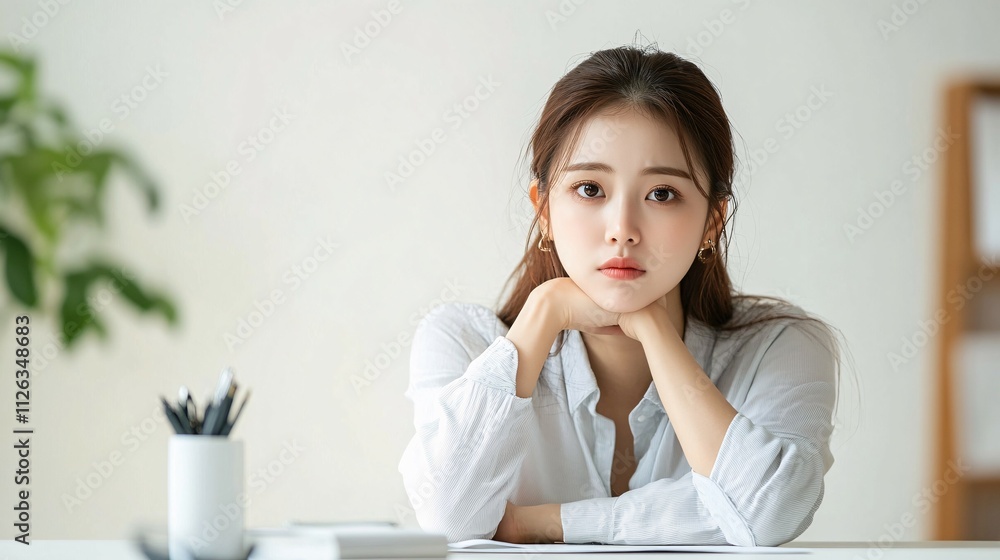Young Woman Resting Chin On Hands In Office Setting Young Woman Resting Chin On Hands In Office Setting
