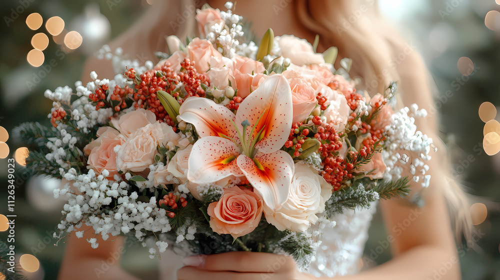 A bouquet for the Taurus zodiac sign, with lilies and hydrangeas, in the hands of a girl, Christmas, high detail, realistic photo, fashion style A bouquet for the Taurus zodiac sign, with lilies and hydrangeas, in the hands of a girl, Christmas, high detail, realistic photo, fashion style