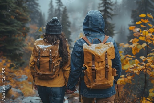 Autumn Adventure Couple Hiking in Misty Forest with Snow-Dusted Leaves photo