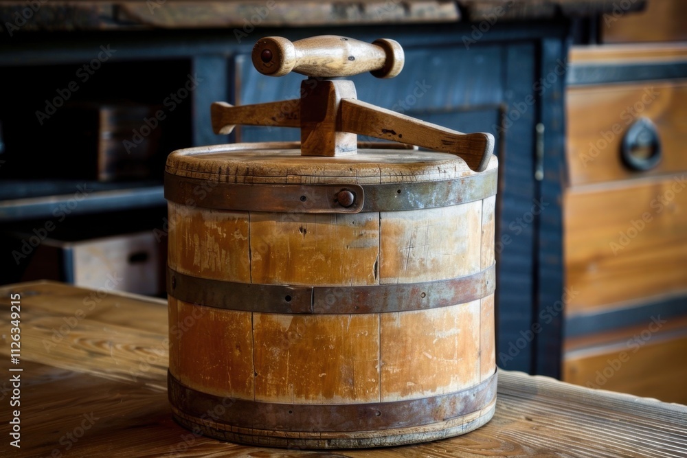 Wooden butter churn displayed on a rustic wooden table in a cozy kitchen, highlighting traditional craftsmanship and vintage design Wooden butter churn displayed on a rustic wooden table in a cozy kitchen, highlighting traditional craftsmanship and vintage design