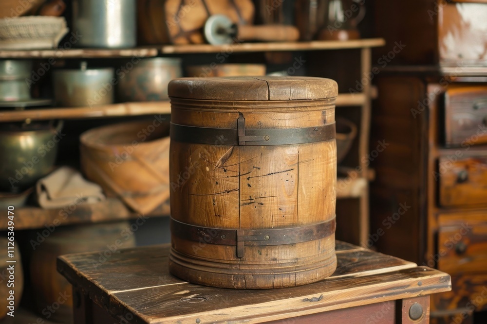Wooden butter churn displayed on a rustic wooden table in a cozy kitchen, highlighting traditional craftsmanship and vintage design Wooden butter churn displayed on a rustic wooden table in a cozy kitchen, highlighting traditional craftsmanship and vintage design
