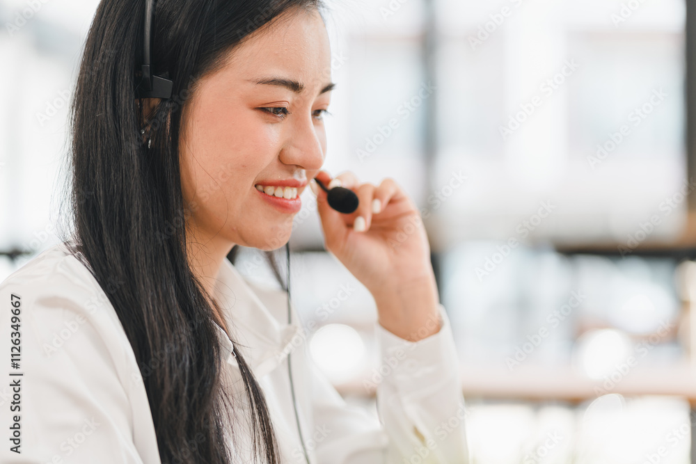 smiling woman wearing headset works in modern office, providing customer service or support. She appears focused and professional, engaging in conversation smiling woman wearing headset works in modern office, providing customer service or support. She appears focused and professional, engaging in conversation