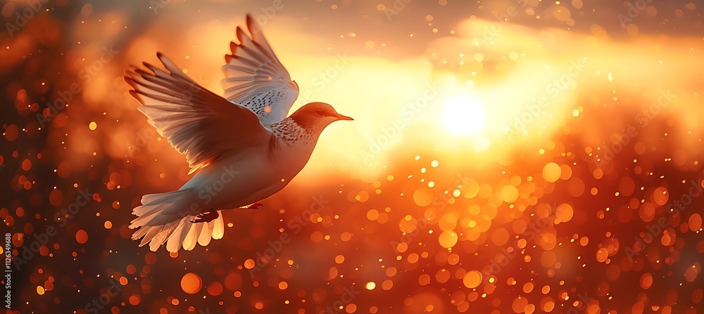 Obraz premium White dove takes flight toward bright golden sunlight in a richly textured, warm environment.