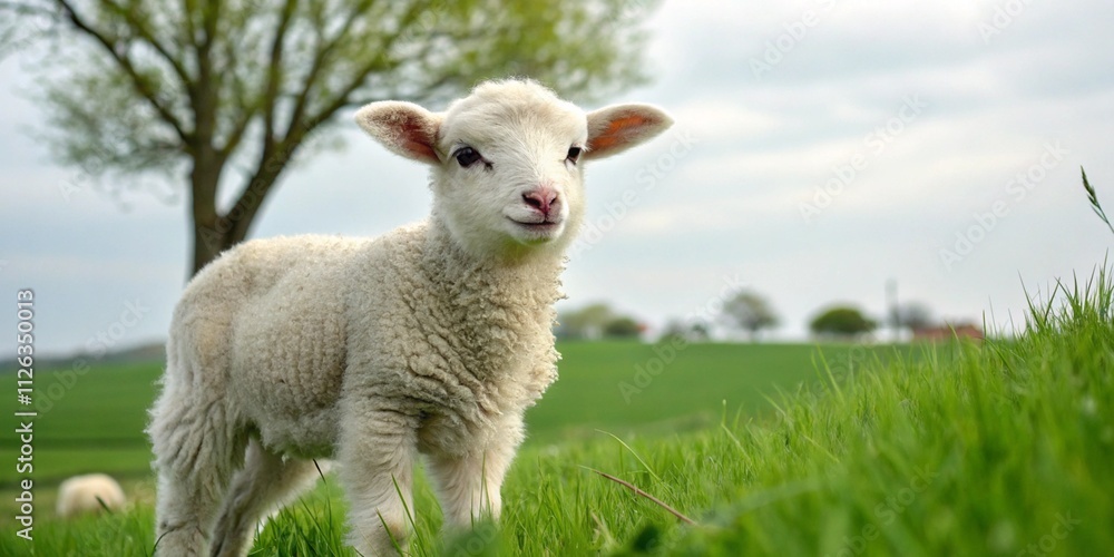 Obraz premium Cute lamb on the green lawn