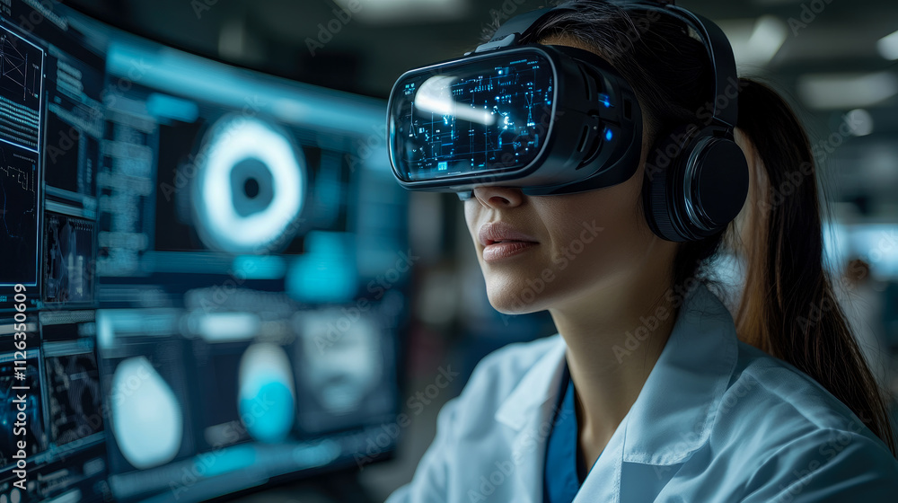 A nurse wearing virtual reality goggles engages with advanced technology to enhance patient care and medical training in a healthcare setting A nurse wearing virtual reality goggles engages with advanced technology to enhance patient care and medical training in a healthcare setting