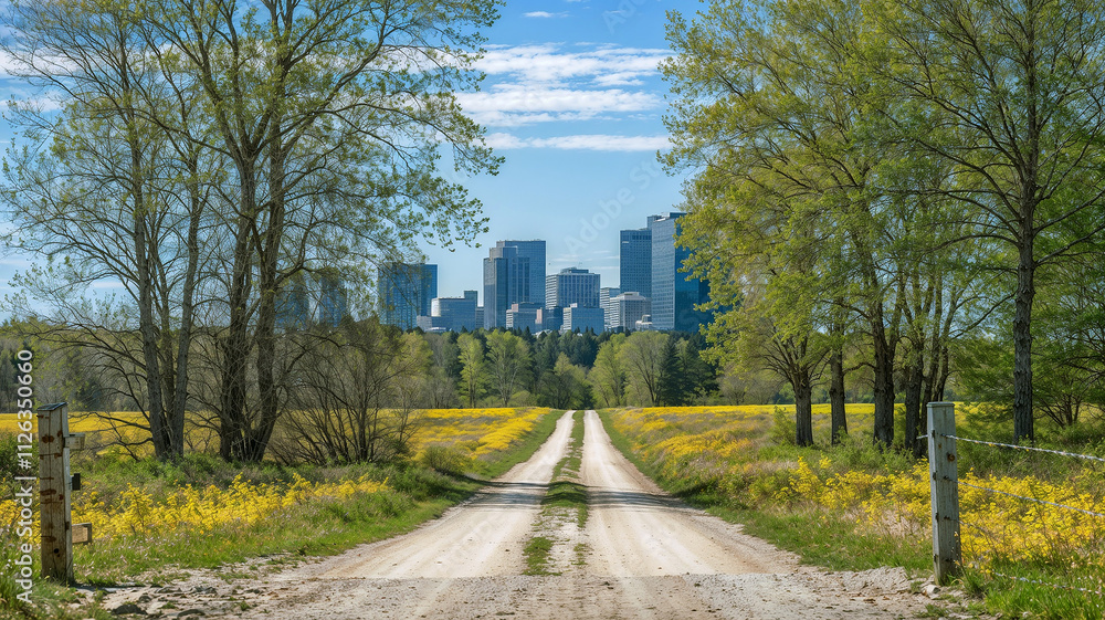 Fototapeta premium Peaceful Countryside Path Leading to a Modern City Skyline – Urban and Rural Harmony