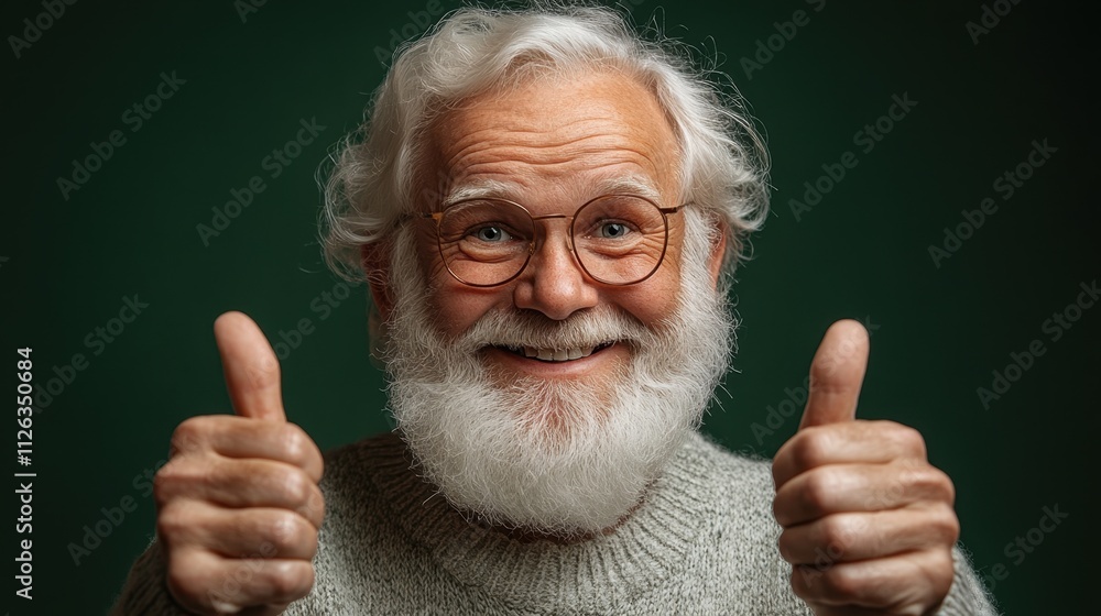 Joyful elder giving two thumbs up in cozy knit sweater against dark green background, radiating happiness and warmth Joyful elder giving two thumbs up in cozy knit sweater against dark green background, radiating happiness and warmth