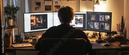 person working at a desk with multiple computer monitors