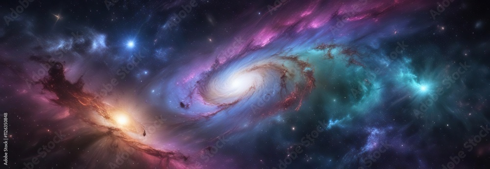 Fototapeta premium Iridescent galaxy background with swirling stars and nebulas, shimmering lights, iridescent colors