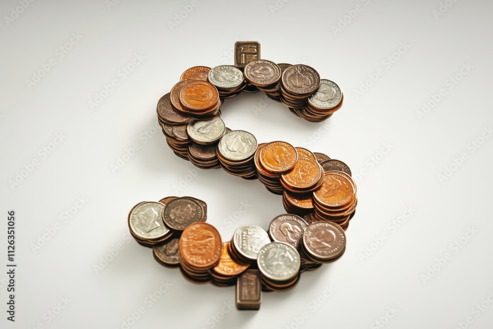 Creative composition of a dollar sign made from coins indoor setting still life photography minimalist environment close-up viewpoint concept of money management and wealth Creative composition of a dollar sign made from coins indoor setting still life photography minimalist environment close-up viewpoint concept of money management and wealth