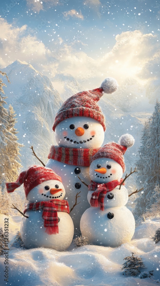 Obraz premium Joyful snowmen celebrating winter in a serene snowy landscape with mountains in the background during daylight