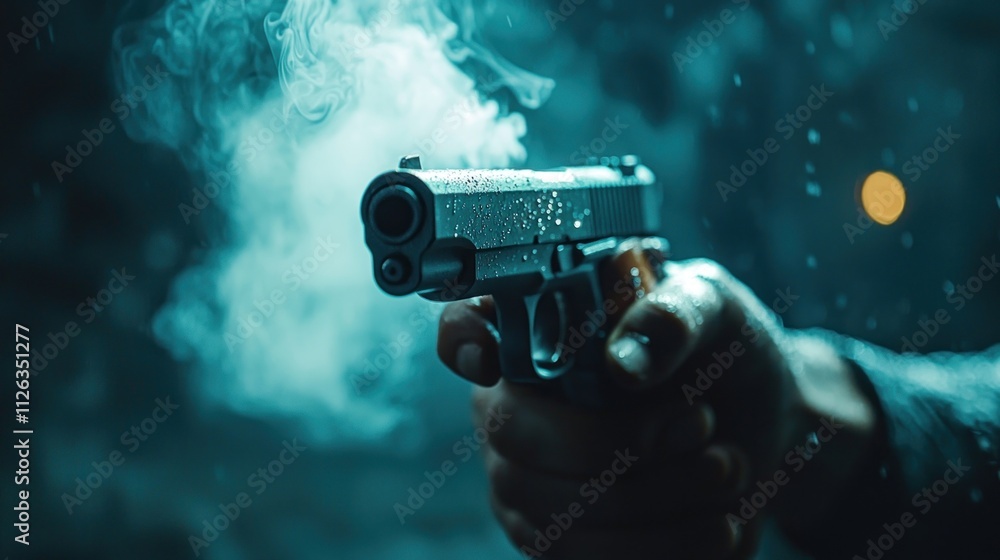 Close-up of a Hand Holding a Semi-Automatic Pistol with Smoke and Rain, Capturing the Tension and Intensity of a Dramatic Scene in Low Light Close-up of a Hand Holding a Semi-Automatic Pistol with Smoke and Rain, Capturing the Tension and Intensity of a Dramatic Scene in Low Light