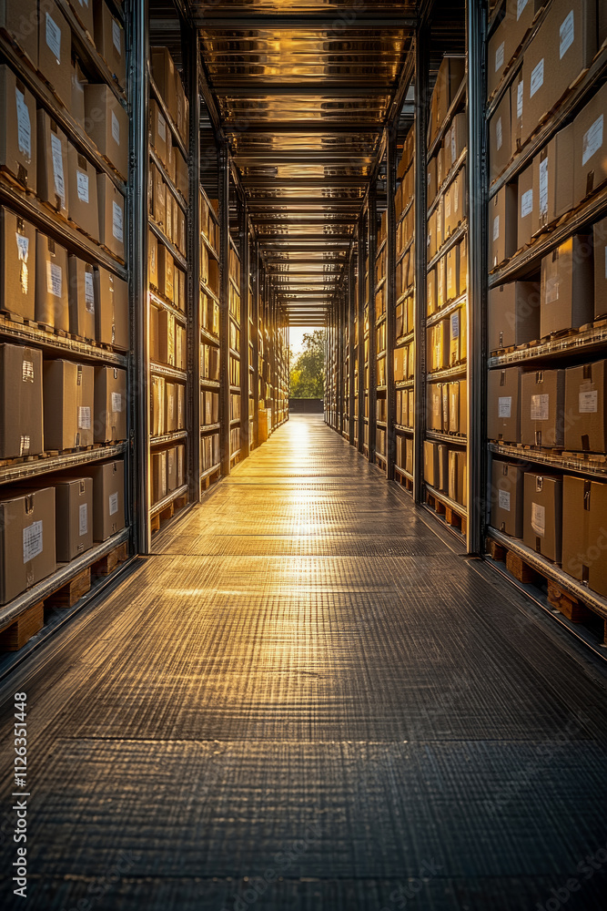 Fototapeta premium Neatly arranged cardboard boxes line a long storage hallway, glowing warmly in the late afternoon sunlight filtering through the opening