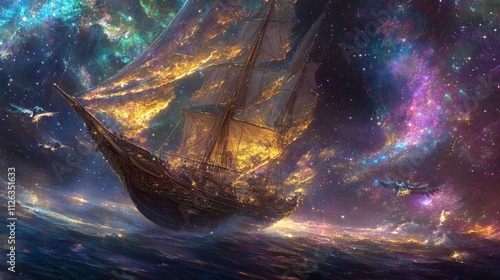 A majestic ship navigates a stunning cosmic ocean at night photo