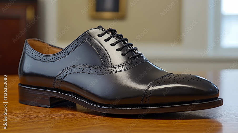 A polished black dress shoe rests on a wooden table, showcasing its sleek design and reflecting warm sunlight in an elegant indoor space A polished black dress shoe rests on a wooden table, showcasing its sleek design and reflecting warm sunlight in an elegant indoor space