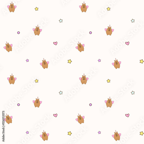 Capybara pattern. Cute cartoon capybara unicorn on a pattern for children's clothing, bed linen, stationery