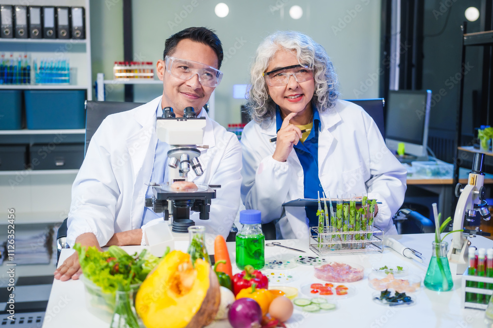 A female and male scientist conduct plant research in a laboratory, using microscopes, petri dishes,test tubes. researchers analyze genetically modified plants, vegetables, pork, nutritional value A female and male scientist conduct plant research in a laboratory, using microscopes, petri dishes,test tubes. researchers analyze genetically modified plants, vegetables, pork, nutritional value