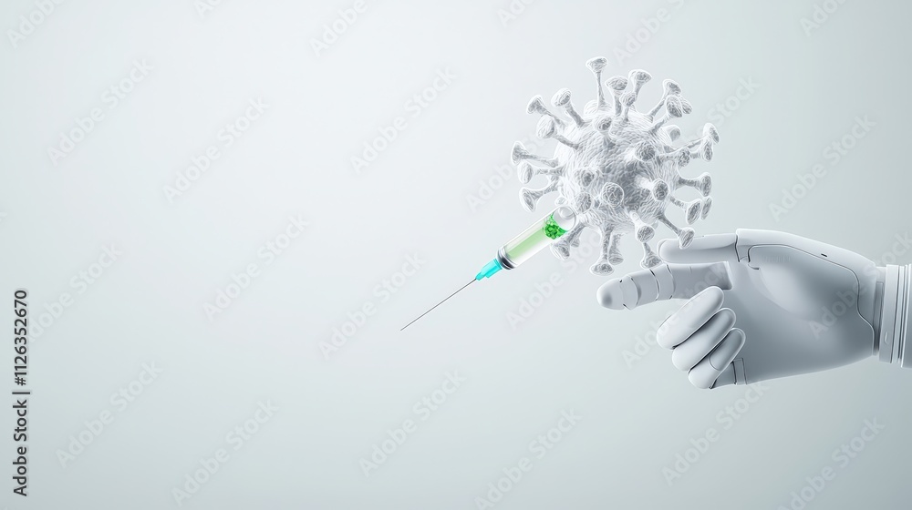 A hand holding a syringe with a virus in it A hand holding a syringe with a virus in it