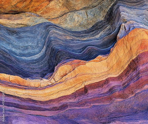 The image is a colorful rock formation with a blue and orange stripe photo